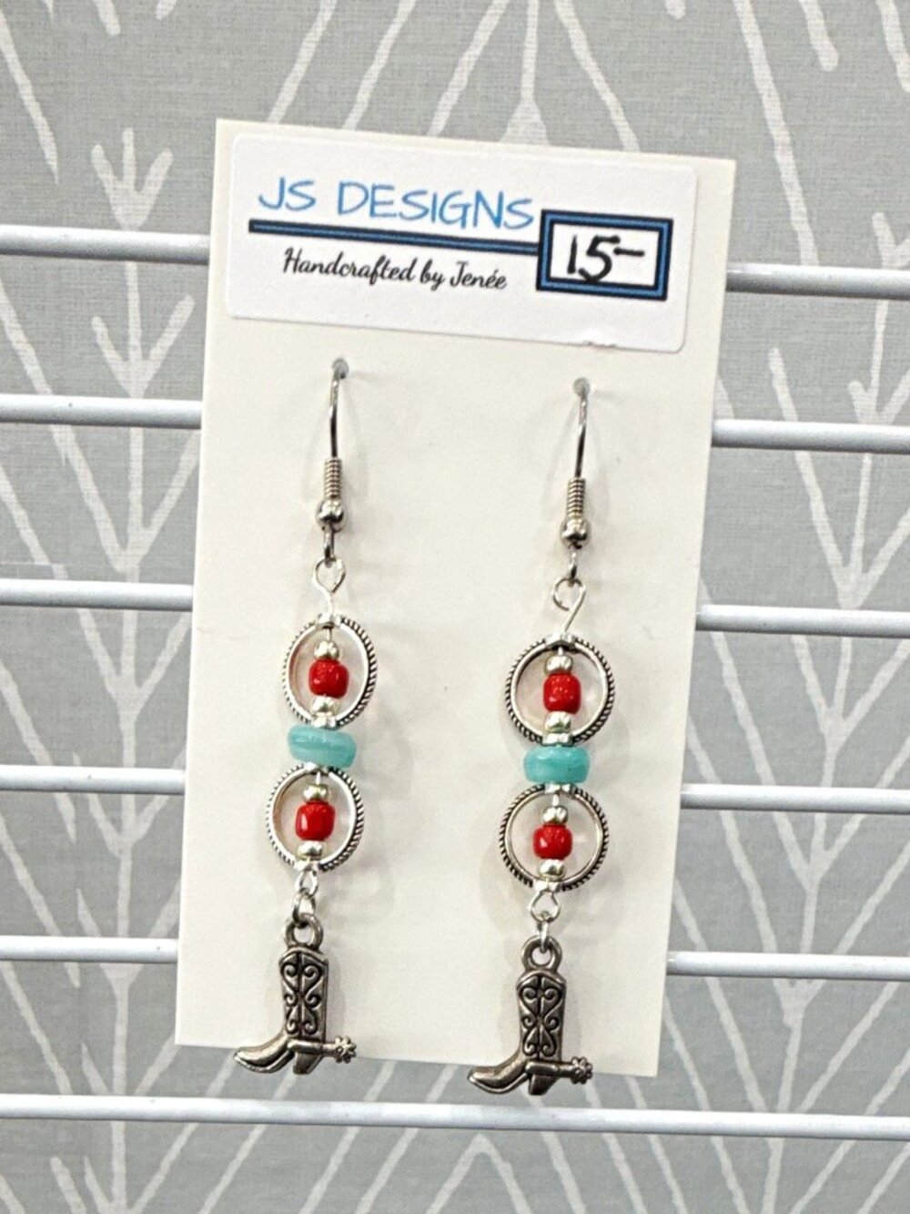 JS Designs Handcrafted Western Boot Beaded Dangle Earrings Silver Plated Hook